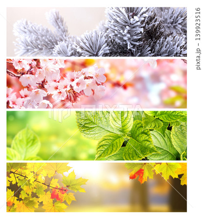 Four season of year. Set of horizontal nature banners. Each one features scene of nature, from the gentle snowfall of winter to the vibrant leaves of summer. Perfect for showcasing changing seasons 139923516