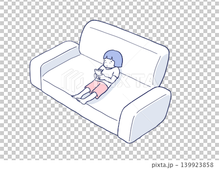Illustration of a girl sitting on a sofa playing a game Illustration of a girl sitting on a sofa playing a game 139923858