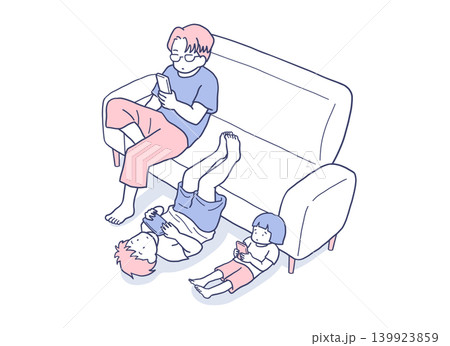 ゲームやスマホに夢中な親子のイラスト素材 ゲームやスマホに夢中な親子のイラスト素材 139923859