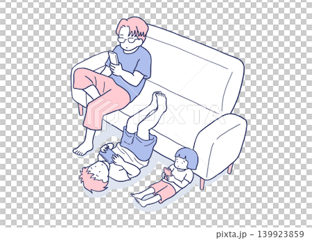 ゲームやスマホに夢中な親子のイラスト素材 ゲームやスマホに夢中な親子のイラスト素材 139923859