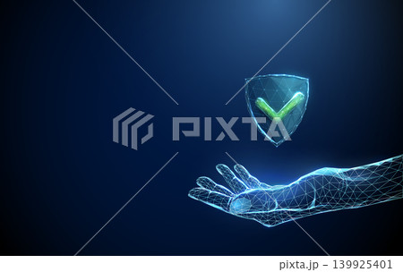 3D blue shield with green tick in a hand. Protection approval, security verification, safety confirmation, defense compliance, insurance trust, guarantee concept 3D blue shield with green tick in a hand. Protection approval, security verification, safety confirmation, defense compliance, insurance trust, guarantee concept 139925401