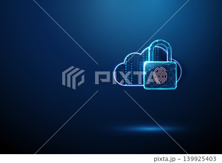 3D blue cloud and lock with fingerprint. Cloud security, data protection, biometric access, encrypted storage, privacy control, remote secure backup, safety concept 139925403
