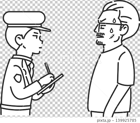 An illustration of a police officer questioning a man (line drawing only) 139925785