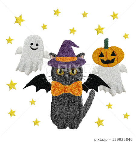 【オバケカボチャと黒猫バンパイアとオバケと星】手刺繍イラスト素材 139925846
