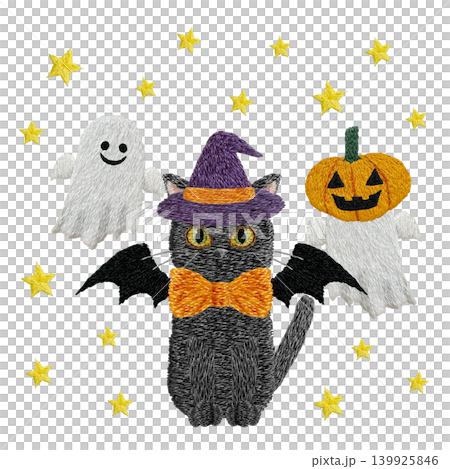 【オバケカボチャと黒猫バンパイアとオバケと星】手刺繍イラスト素材 139925846