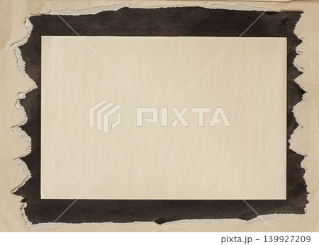 Blank paper area framed by torn black tape on paper texture, ready for message, note, poster, mockup. Simple background of paper collage for design, scrapbook, label, copy space Blank paper area framed by torn black tape on paper texture, ready for message, note, poster, mockup. Simple background of paper collage for design, scrapbook, label, copy space 139927209