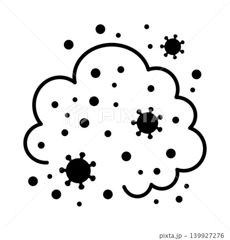 Contaminated dust cloud illustration, black outline airborne particles with virus symbols for hantavirus risk, infection transmission, hygiene warning, sanitation safety and health prevention 139927276