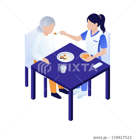 アイソメトリック｜シニア女性の食事の介助をする介護職の女性 139927522