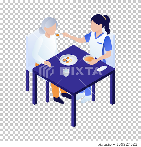 アイソメトリック｜シニア女性の食事の介助をする介護職の女性 139927522