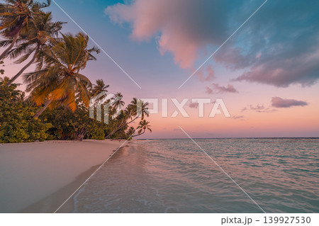 Tropical beach palm trees breathtaking pink sunset shore stunning paradise exotic coastal island travel destination summer vacation romantic twilight warm dreamy atmospheric cinematic landscape art 139927530