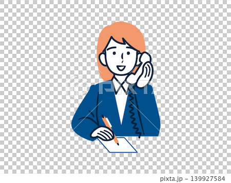 BM__受話器を取ってメモを取りながら電話対応する女性 139927584