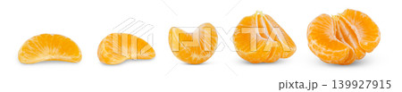Peeled mandarin, orange, clementine or tangerine slices isolated. Half of tangerine, cut in a slice of clementine isolated. Peeled mandarin, orange, clementine or tangerine slices isolated. Half of tangerine, cut in a slice of clementine isolated. 139927915