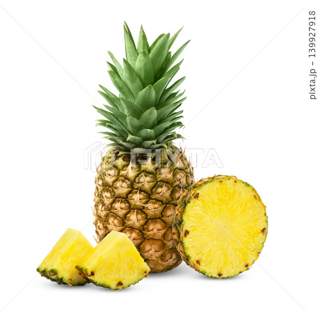 Juicy pineapple with slices isolated on white background. Isolated whole ananas and cut in a slice of ananas. Juicy pineapple with slices isolated on white background. Isolated whole ananas and cut in a slice of ananas. 139927918