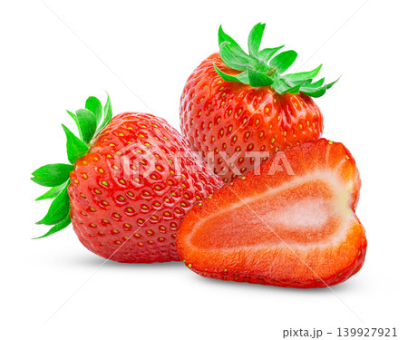 Isolated perfect strawberry. Whole strawberry and slice of strawberry. 139927921