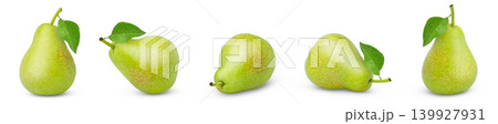Whole pears isolated. Green pear with leaf set. Clipping path. Full depth of field. Whole pears isolated. Green pear with leaf set. Clipping path. Full depth of field. 139927931
