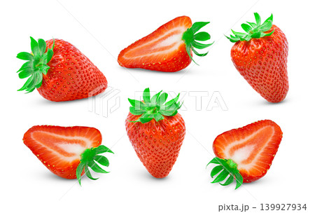 Ripe whole strawberry and slice of strawberry set isolated. Red organic strawberries collection. 139927934