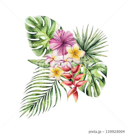 Palm tree, monstera and Strelitzia, frangipani, hibiscus flowers. Watercolor hand drawn Heliconia, plumeria isolated illustration on transparent background. Perfect for tropical design projects. For Palm tree, monstera and Strelitzia, frangipani, hibiscus flowers. Watercolor hand drawn Heliconia, plumeria isolated illustration on transparent background. Perfect for tropical design projects. For 139928004