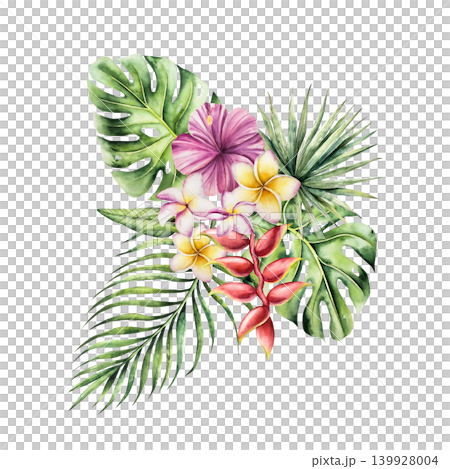 Palm tree, monstera and Strelitzia, frangipani, hibiscus flowers. Watercolor hand drawn Heliconia, plumeria isolated illustration on transparent background. Perfect for tropical design projects. For Palm tree, monstera and Strelitzia, frangipani, hibiscus flowers. Watercolor hand drawn Heliconia, plumeria isolated illustration on transparent background. Perfect for tropical design projects. For 139928004