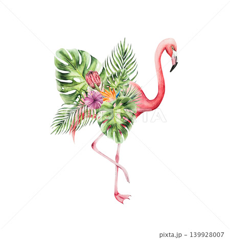Pink flamingo bird, leaves of a palm tree, monstera and Strelitzia, protea, hibiscus flowers. Watercolor hand drawn isolated illustration on transparent background. Perfect for tropical design 139928007