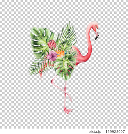 Pink flamingo bird, leaves of a palm tree, monstera and Strelitzia, protea, hibiscus flowers. Watercolor hand drawn isolated illustration on transparent background. Perfect for tropical design 139928007
