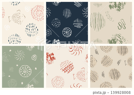 Hand Drawn Doodle Circle Seamless Pattern Set in Earthy Neutral Tones. Ink Brush Marks and Textured Spots on Cream, Sage and Navy. Artisan Craft Style for Textile, Wallpaper and Surface Design. 139928008