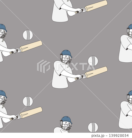 Cricket Batsman Seamless Pattern. Professional Player In Helmet Holding Bat and Hitting White Ball On Dark Grey Background. Vector Illustration. Sports Textile Fabric Wallpaper Repeat Design 139928034