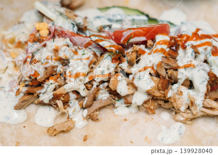 Chicken shawarma. Doner kebab. Grilled meat with white garlic sauce red ketchup on flatbread. Fresh cucumber tomato slice mixed fast food. Chicken shawarma. Doner kebab. Grilled meat with white garlic sauce red ketchup on flatbread. Fresh cucumber tomato slice mixed fast food. 139928040