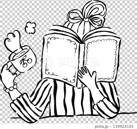 Preppy Bookish Outline Girl Reading Book with Coffee Whimsical Hand Drawn 139928185