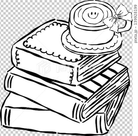 Preppy Coffee Bookish Outline Coffee Mug on Books Whimsical Sketchy Hand Drawn Preppy Coffee Bookish Outline Coffee Mug on Books Whimsical Sketchy Hand Drawn 139928199