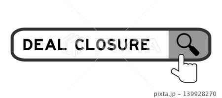 Search banner in word deal closure with hand over magnifier icon on white background Search banner in word deal closure with hand over magnifier icon on white background 139928270