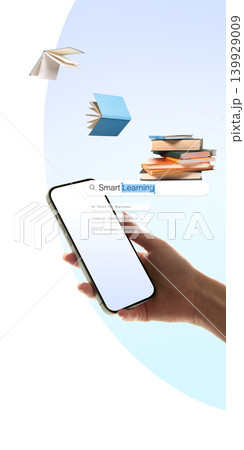 Hand holding smartphone with smart learning search and flying books. Hand holding smartphone with smart learning search and flying books. 139929009