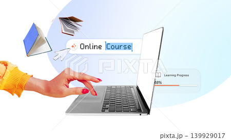 Online course interface with laptop and learning progress. Online course interface with laptop and learning progress. 139929017