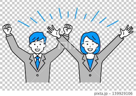 A man and woman in suits cheering with their arms raised in victory. A man and woman in suits cheering with their arms raised in victory. 139929106