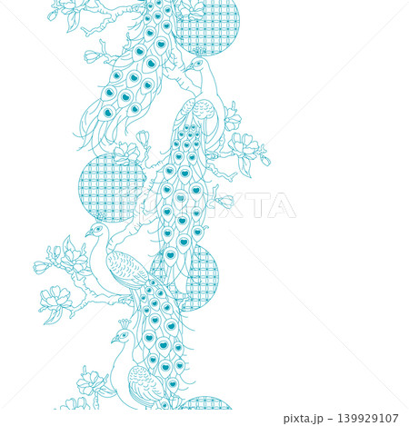 Seamless line pattern with peacocks forest. Tropical exotic birds. Wild fauna of jungle. Seamless line pattern with peacocks forest. Tropical exotic birds. Wild fauna of jungle. 139929107