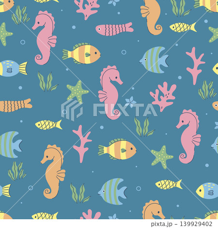 Seamless pattern with sea animals, seaweed, corals. Vector graphics Seamless pattern with sea animals, seaweed, corals. Vector graphics 139929402