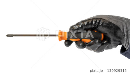 Gloved hand holding a screwdriver isolated on white background Gloved hand holding a screwdriver isolated on white background 139929513