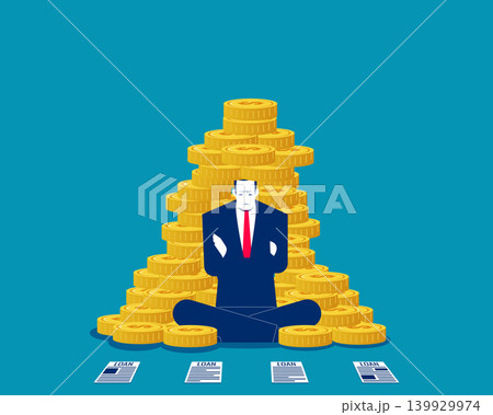 Debt pressure.A large pile of gold coins surrounded the businessman. Debt pressure.A large pile of gold coins surrounded the businessman. 139929974