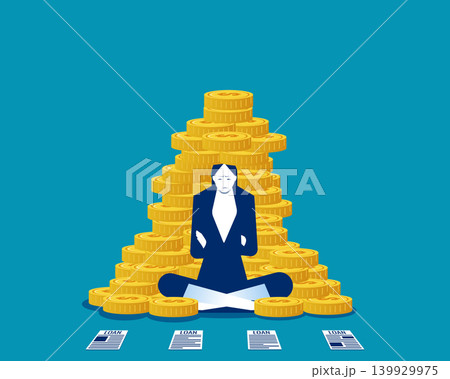 Debt pressure.A large pile of gold coins surrounded the businessman. Debt pressure.A large pile of gold coins surrounded the businessman. 139929975