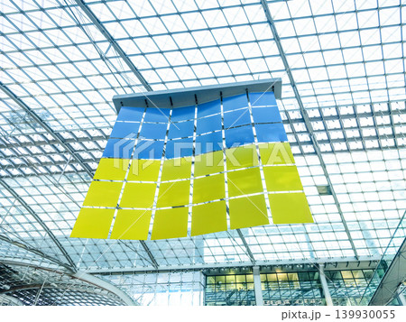 Patriotic and togetherness concept. Standing with Ukraine backdrop Patriotic and togetherness concept. Standing with Ukraine backdrop 139930055