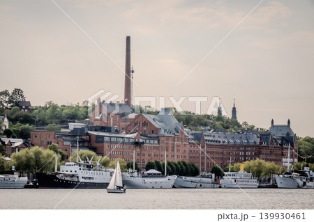 Stockholm Sweden Waterfront Cityscape with Historic Buildings Harbor Views and Urban Skyline 139930461