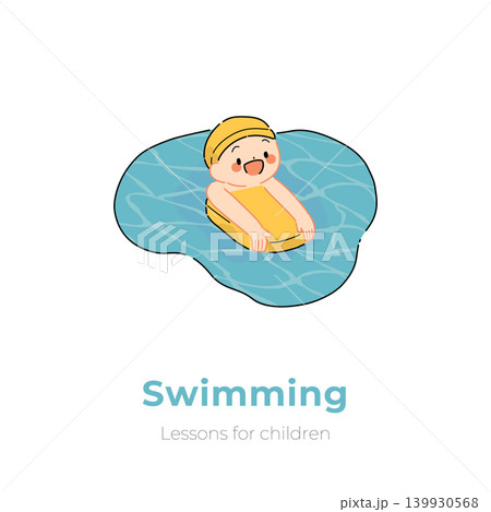 スイミングスクールで水泳をする子どものイラスト（子どもの習い事 / ポップカラー） 139930568