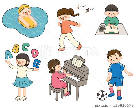 習い事をする小学生のイラストセット(ポップカラー) 習い事をする小学生のイラストセット(ポップカラー) 139930575