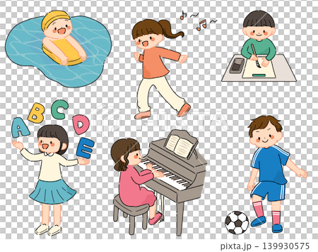 習い事をする小学生のイラストセット(ポップカラー) 習い事をする小学生のイラストセット(ポップカラー) 139930575