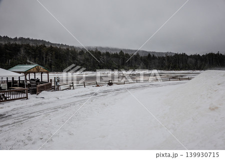 Snowshoe West Virginia Ski Resort with Chairlift Loading Area Skiers Snow Covered Slopes and Winter  139930715