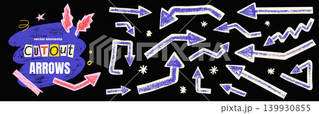 Cutout arrow and paper bold for annotation collage in papercut scrapbook. Blue chalk shape and asterisk dots on dark with cream outline. Vector cutout arrow set isolated Cutout arrow and paper bold for annotation collage in papercut scrapbook. Blue chalk shape and asterisk dots on dark with cream outline. Vector cutout arrow set isolated 139930855
