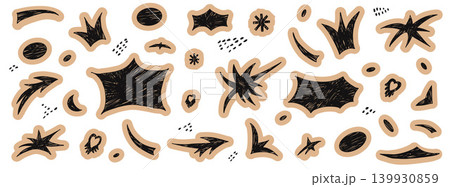 Bang paper cutout with hand drawn pencil texture for scrapbook journal. Geometric star, abstract crowns and papercut shapes in beige collage. Vector bang cutout set on white background isolated Bang paper cutout with hand drawn pencil texture for scrapbook journal. Geometric star, abstract crowns and papercut shapes in beige collage. Vector bang cutout set on white background isolated 139930859