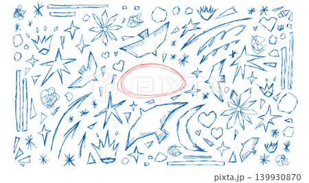 Bird and doodle set in blue pen sketch with stars, crowns and arrows. Naive birds icons as a scribble set for poster and notebook print. Vector hand drawn starburst in childish crayon and ink art 139930870