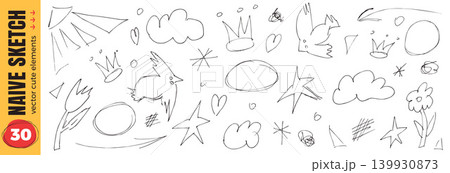 Naive bird and sketch set with stars, crowns and flower icons on white. Quirky naive doodle with birds, sun and cloud for kids print or card. Vector scribble crayon art in childish pen and sky line Naive bird and sketch set with stars, crowns and flower icons on white. Quirky naive doodle with birds, sun and cloud for kids print or card. Vector scribble crayon art in childish pen and sky line 139930873