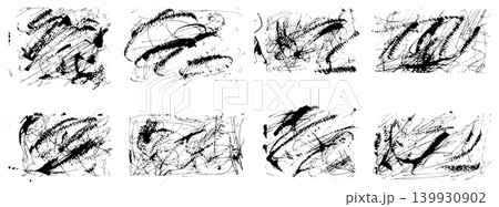 Dynamic brush scribble set with tangled lines and rough ink splash. Chaotic brush paint stroke with scribble doodle and messy scratch. Grunge vector background for poster print and punk graphic Dynamic brush scribble set with tangled lines and rough ink splash. Chaotic brush paint stroke with scribble doodle and messy scratch. Grunge vector background for poster print and punk graphic 139930902