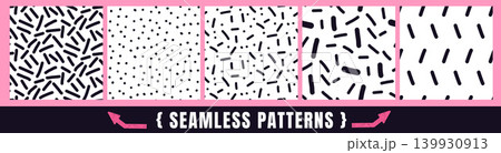 Small dash and sprinkle in seamless pattern set with random polka dot confetti. Hand drawn mini line and ditsy scatter shapes on pink. Vector small dash repeat covers pack isolated 139930913